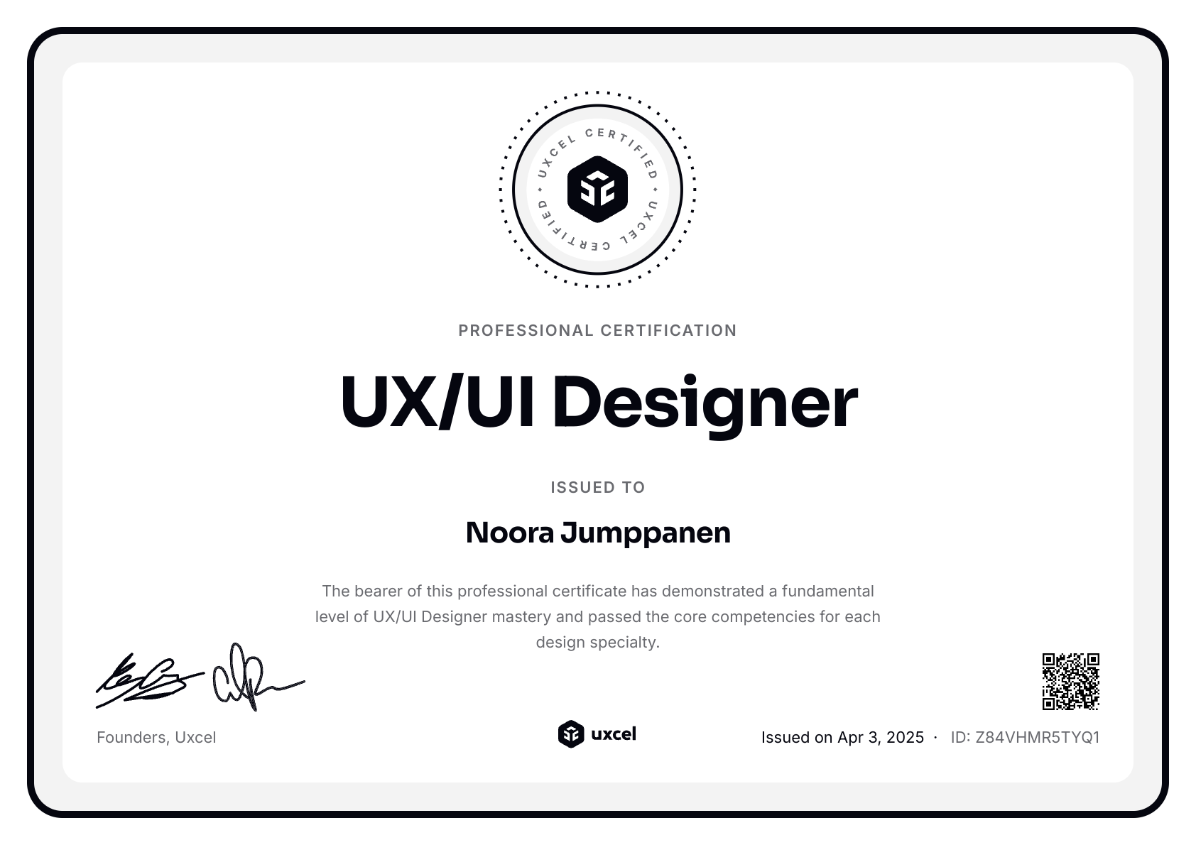 Noora Jumppanen's certificate